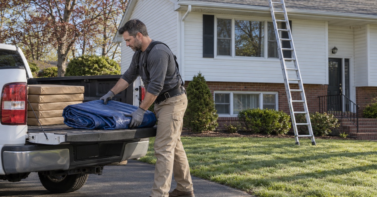 A roofer unloading a folded tarp from a pickup at the start of a job at an East Brunswick Township house.