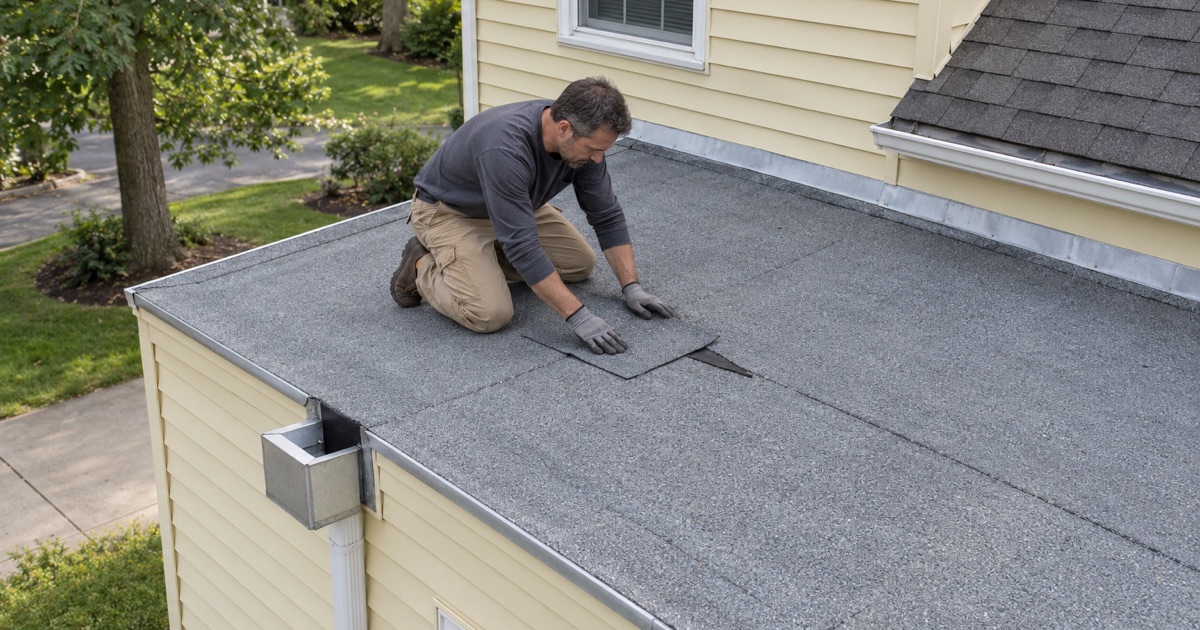 A roofer pressing a patch over a split seam on the flat roof of a two-story addition in East Brunswick Township.
