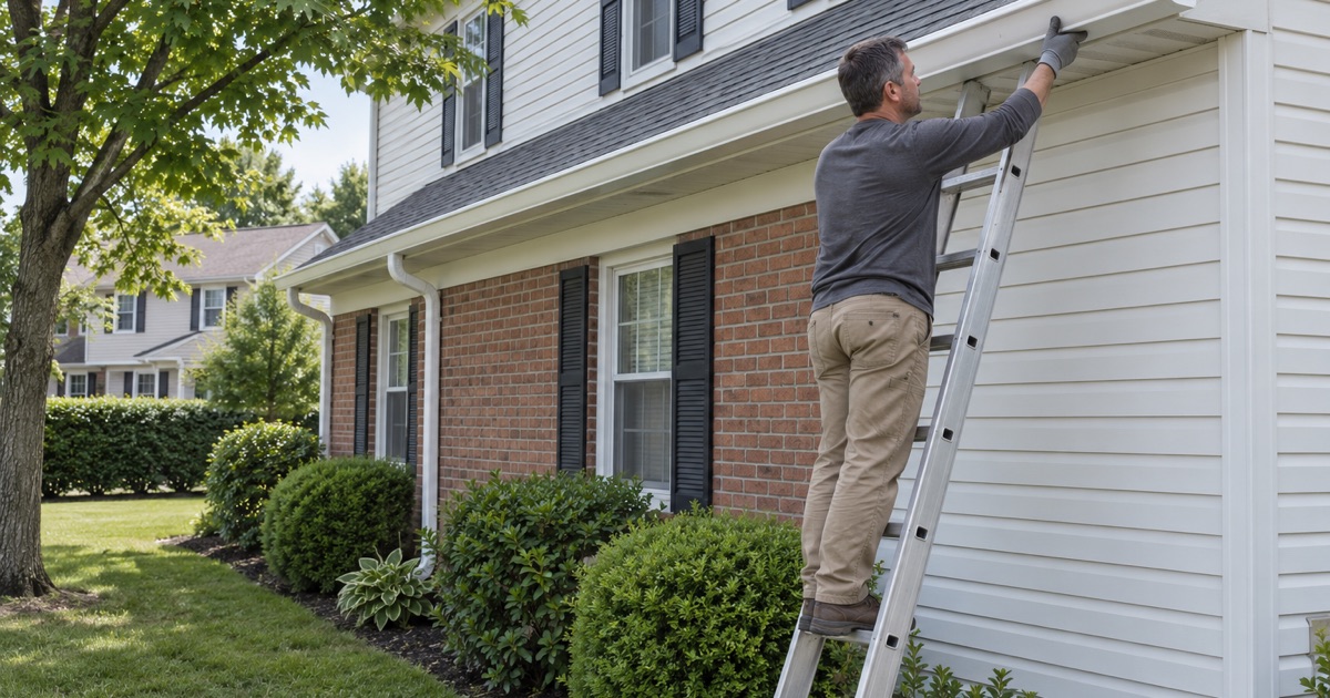 A roofer guiding a new seamless gutter onto its hangers along the eave of an East Brunswick Township colonial.