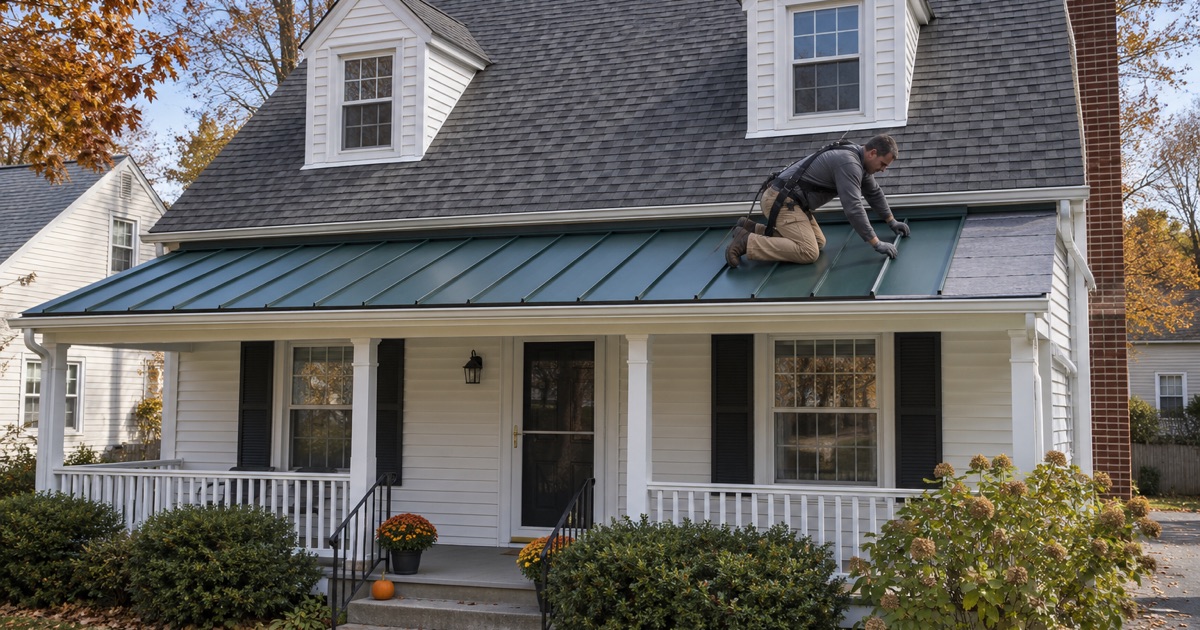 A roofer seating a standing-seam steel panel on the low front porch roof of an East Brunswick Township cape.