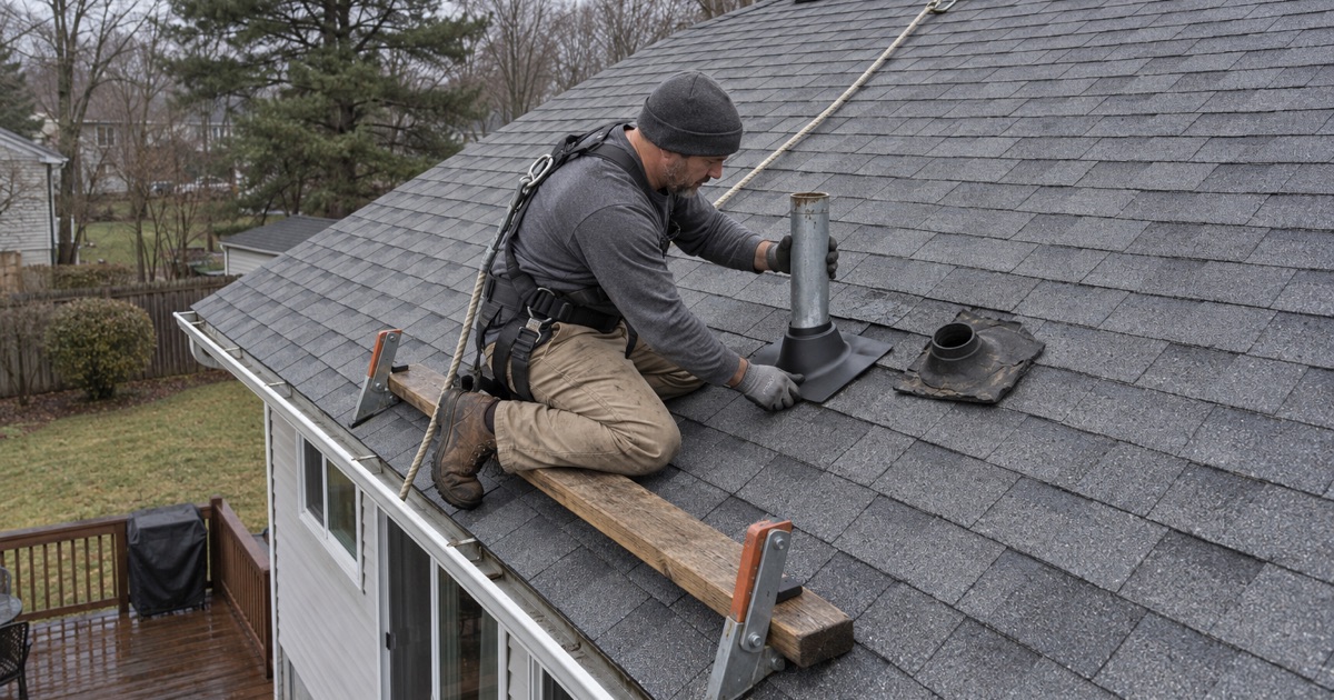 A roofer fitting a new pipe boot around a plumbing vent to stop a roof leak on an East Brunswick Township bi-level.