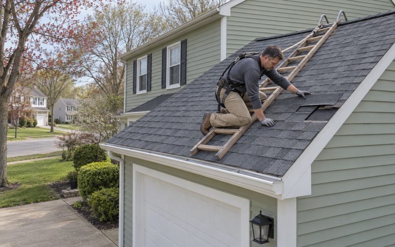 A roofer replacing cracked shingles at the rake edge of a garage roof in East Brunswick Township.