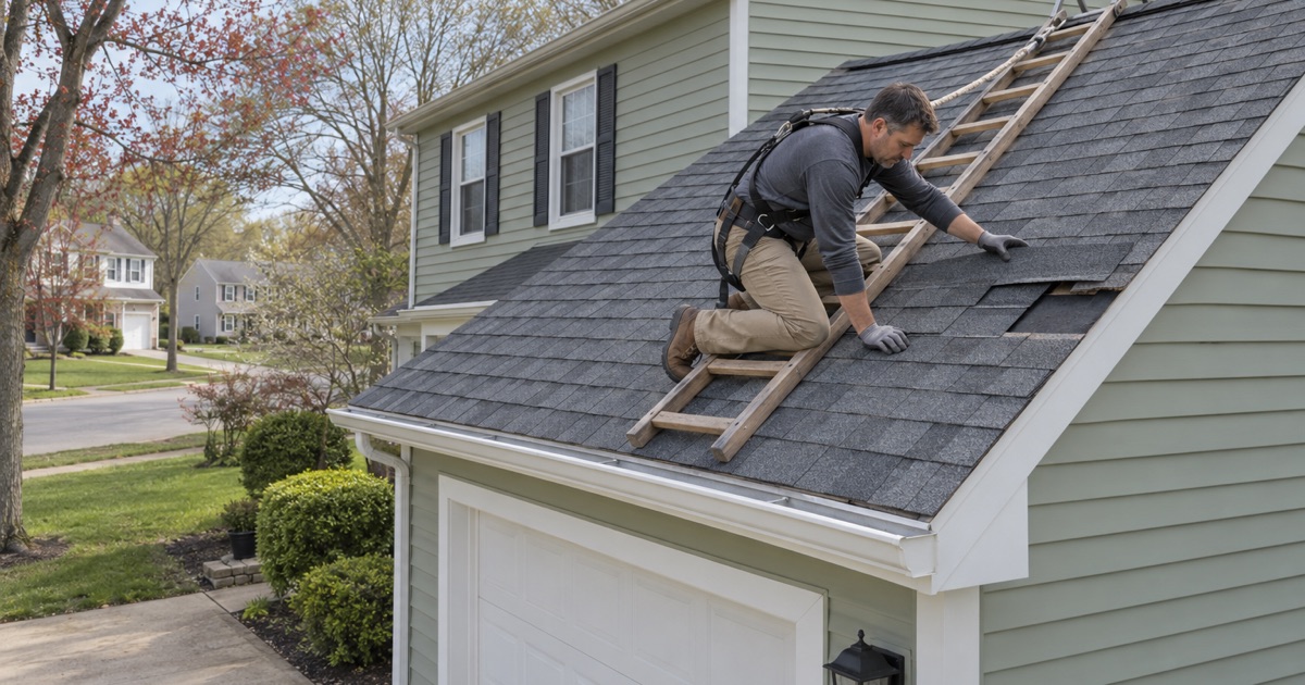 A roofer replacing cracked shingles at the rake edge of a garage roof in East Brunswick Township.