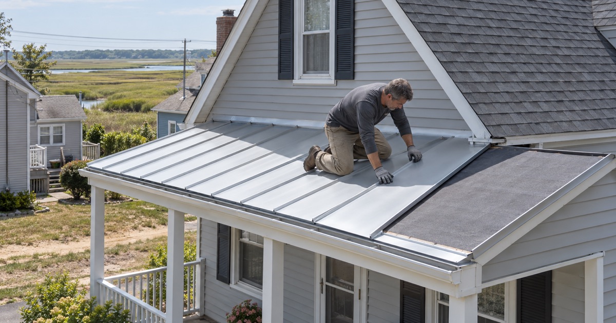 A roofer seating an aluminum standing-seam panel on a porch roof near the Matawan Creek marsh in Cliffwood Beach, Aberdeen.