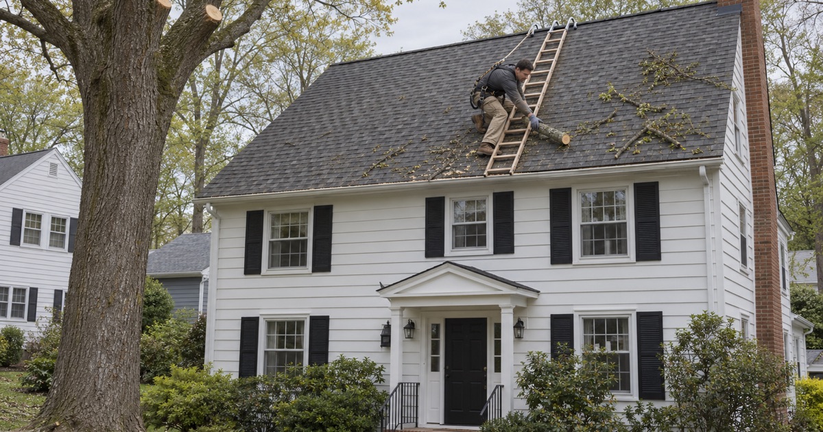 A roofer clearing cut branches off the roof of a Berkeley Heights colonial under an oak whose limbs were cut back.