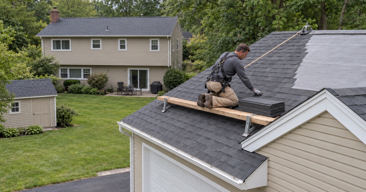 A roofer re-roofing a detached garage to match the new roof on a Bordentown Township split-level.
