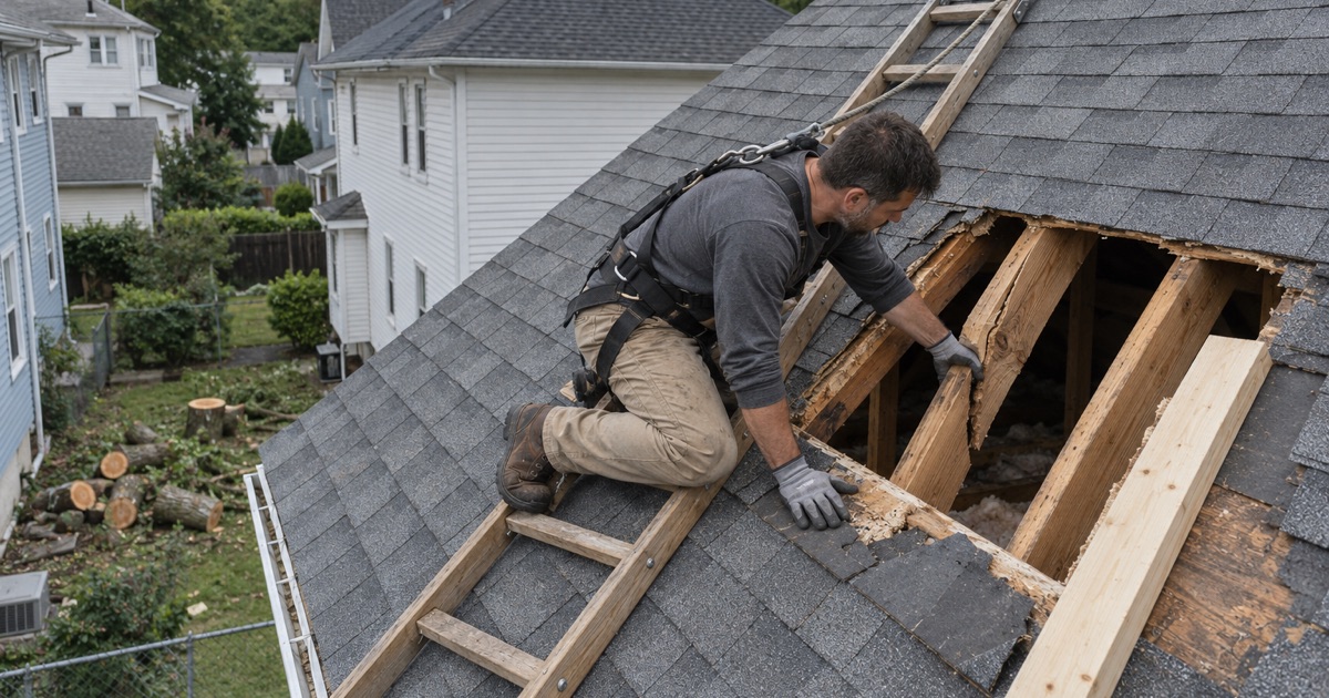 A roofer checking a cracked rafter through an opened roof deck after a tree came down on a Bound Brook house.