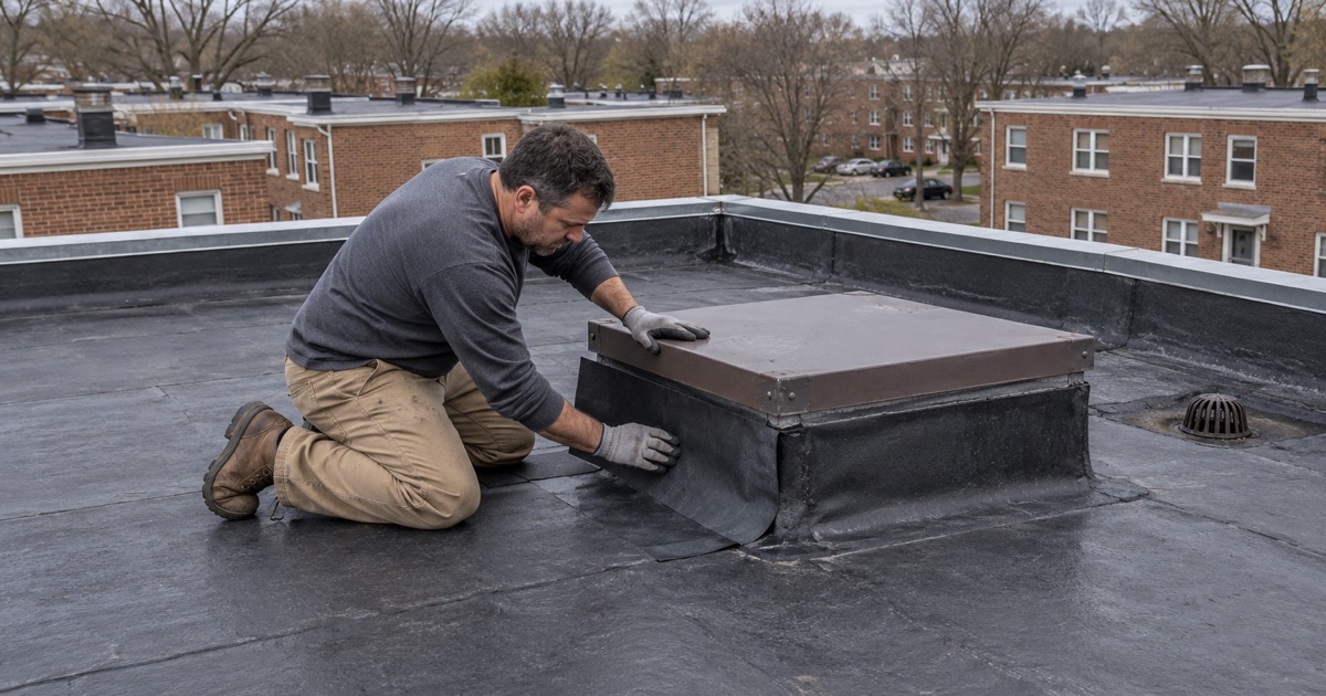 Renewing the flashing at a roof hatch on a Clark apartment building