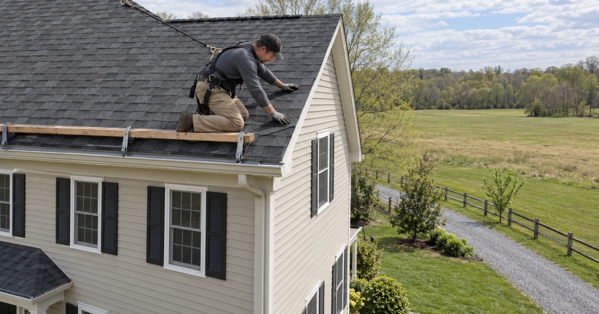 A roofer sealing shingle tabs on a Clinton Township house that faces an open preserved field.