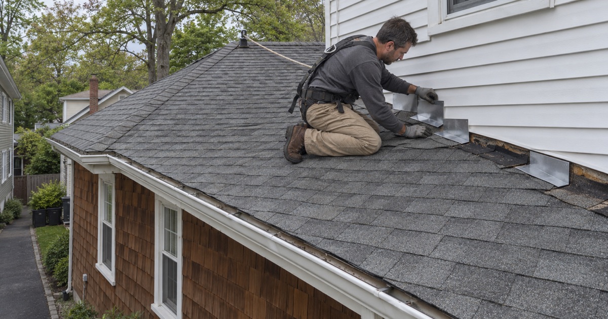 A roofer flashing the joint where an old bungalow roof meets a later addition in Cedar Knolls, Hanover Township.