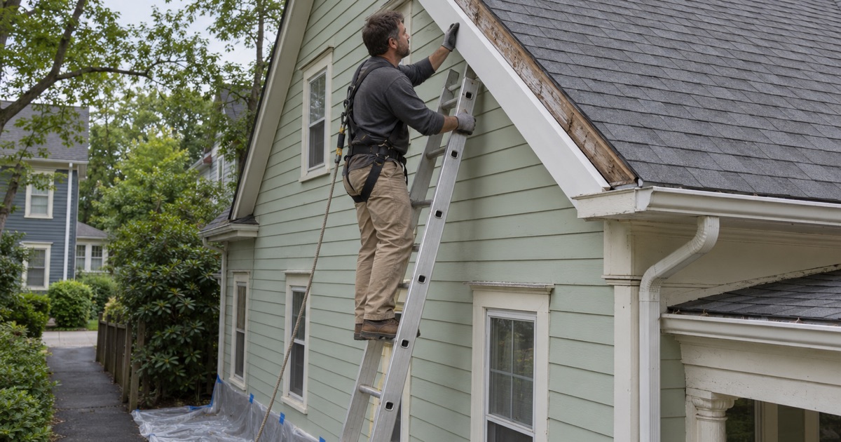 A roofer fitting a new rake board over plastic ground sheeting on an older Highland Park house.