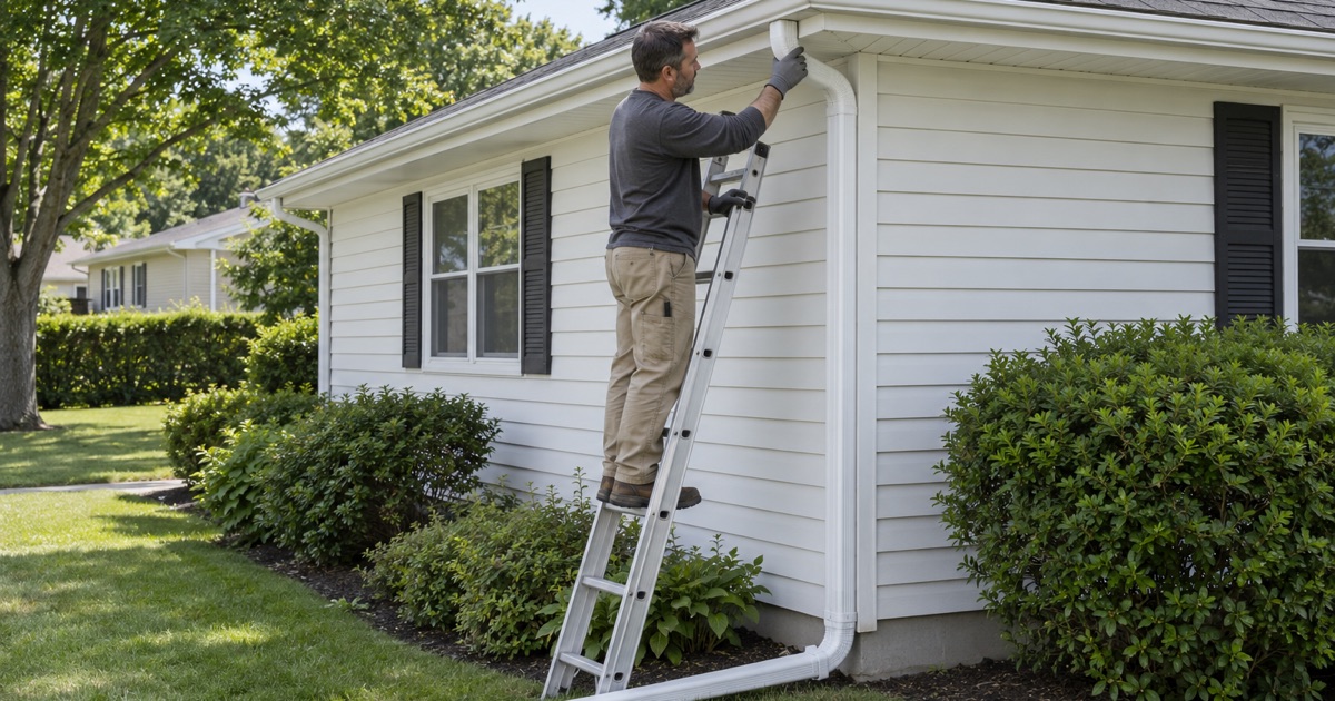 Fitting a new leader that carries roof water away from a Manville house
