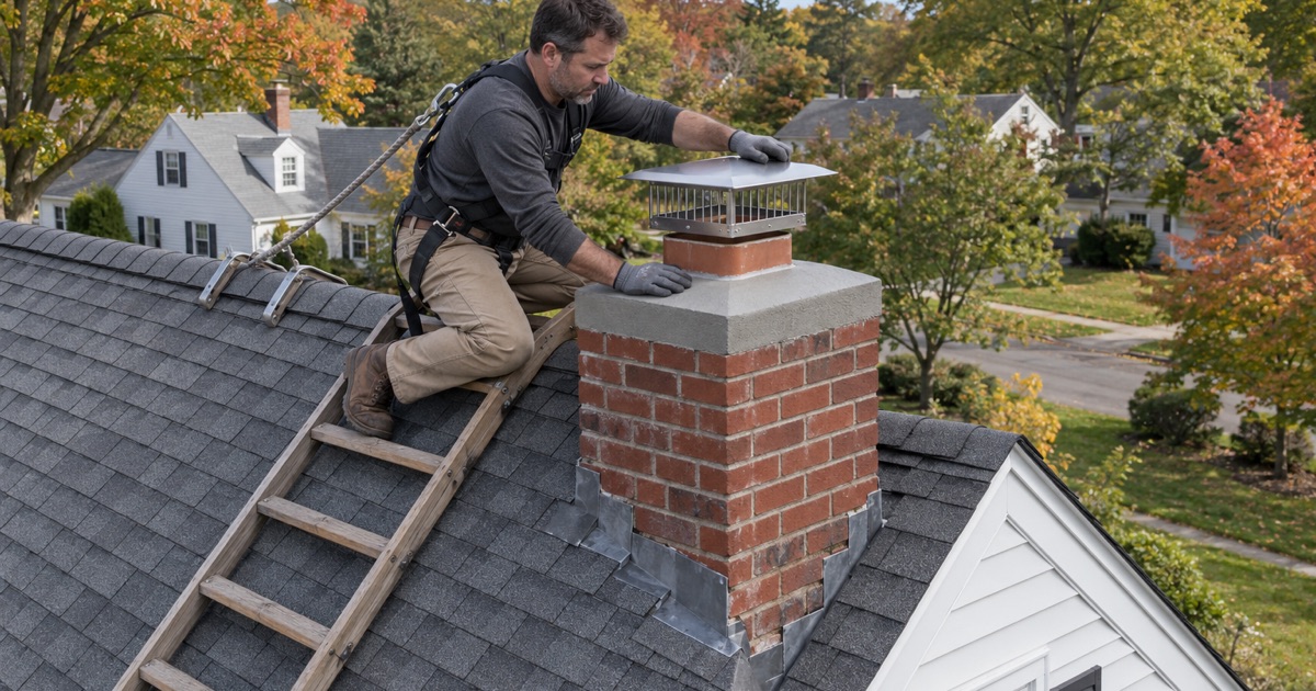 A roofer setting a new cap on the chimney crown of a 1950s New Providence cape.