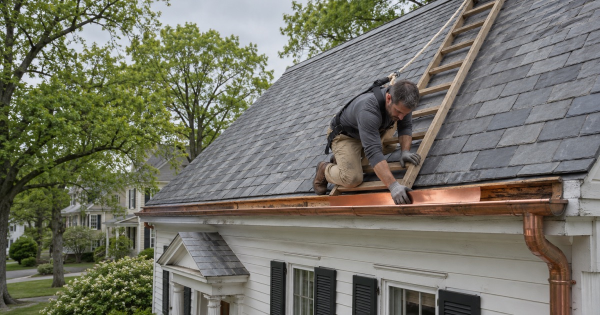 A roofer fitting new copper into a Yankee gutter under the slate roof of an older house in a Readington historic village.
