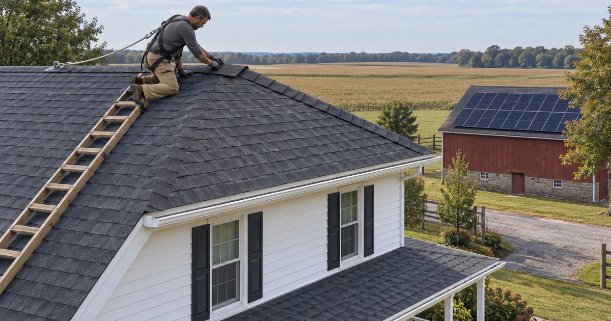 A roofer capping the ridge of a farmhouse re-roof on a preserved Robbinsville farm, solar panels on the barn behind.