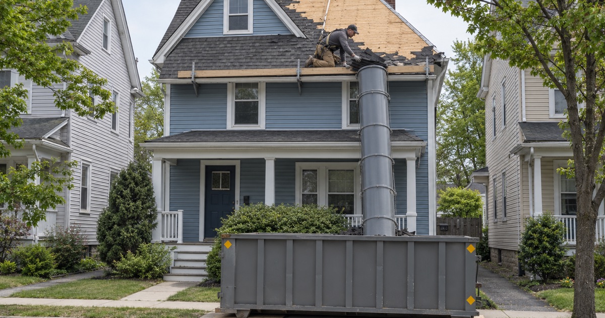 Tear-off shingles going down a chute into a curbside container in Somerville