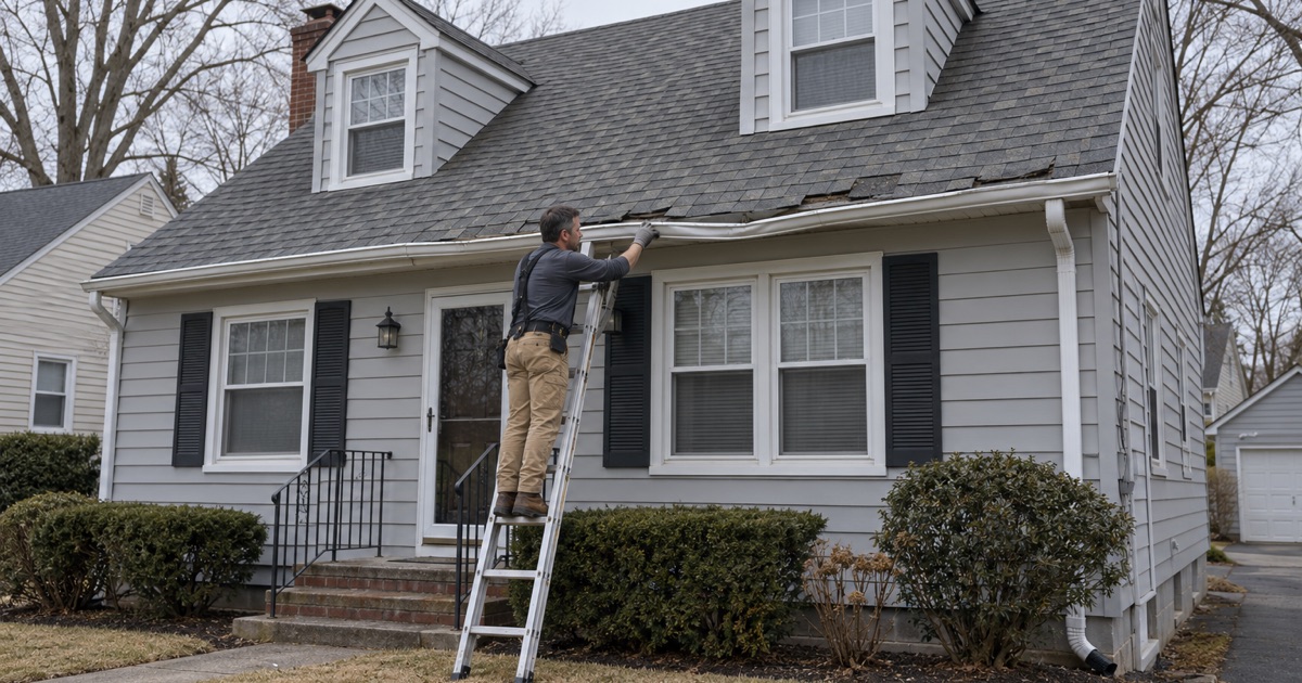A roofer lifting an ice-bent gutter back onto its hangers on a Springfield Township cape after the snow melted.