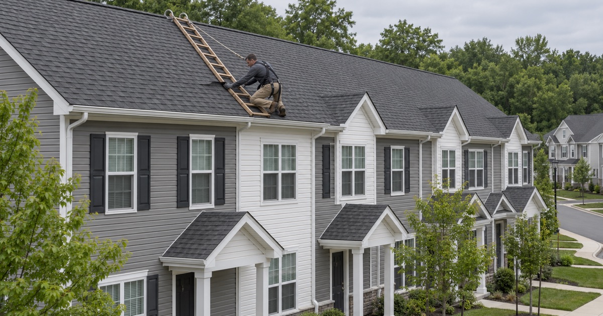 A roofer resealing a lifted shingle on one unit’s roof of a new Warren Township townhome building.